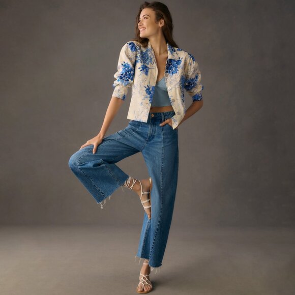 Anthropologie Porridge Ria Boxy Shirt Jacket Embroidered Spring Blue Off-white - Picture 2 of 15